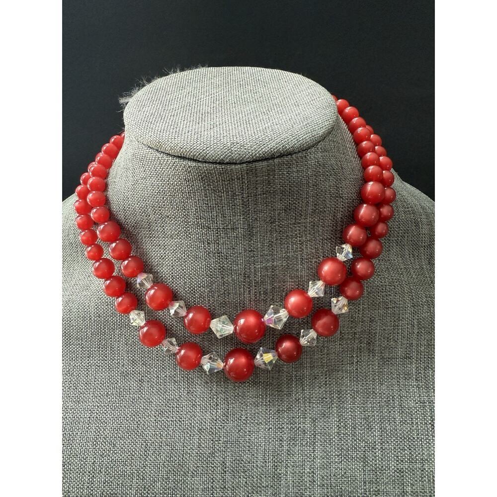 Vintage Lucite Double Strand Necklace Red Clear AB Chunky Retro Cocktail Classic